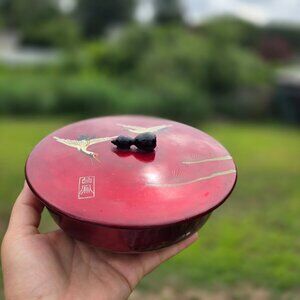 Antique Vintage Japanese Traditional Lacquer Trinket Candy Dish W Lid Red Vinta